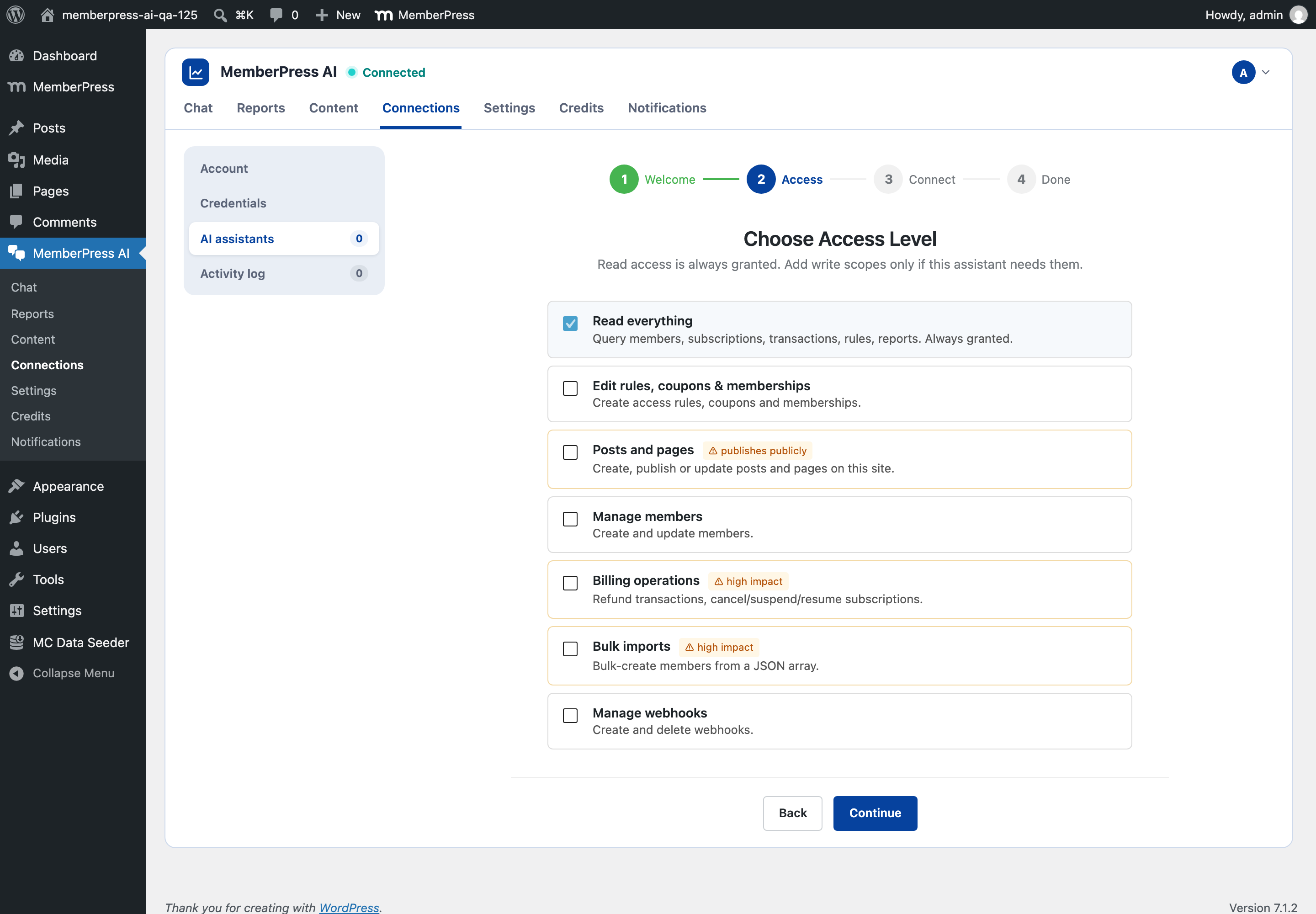 Step 2 of the wizard, Choose Access Level, with Read everything ticked and the write scopes listed underneath: rules, coupons and memberships, posts and pages, members, billing, bulk imports and webhooks