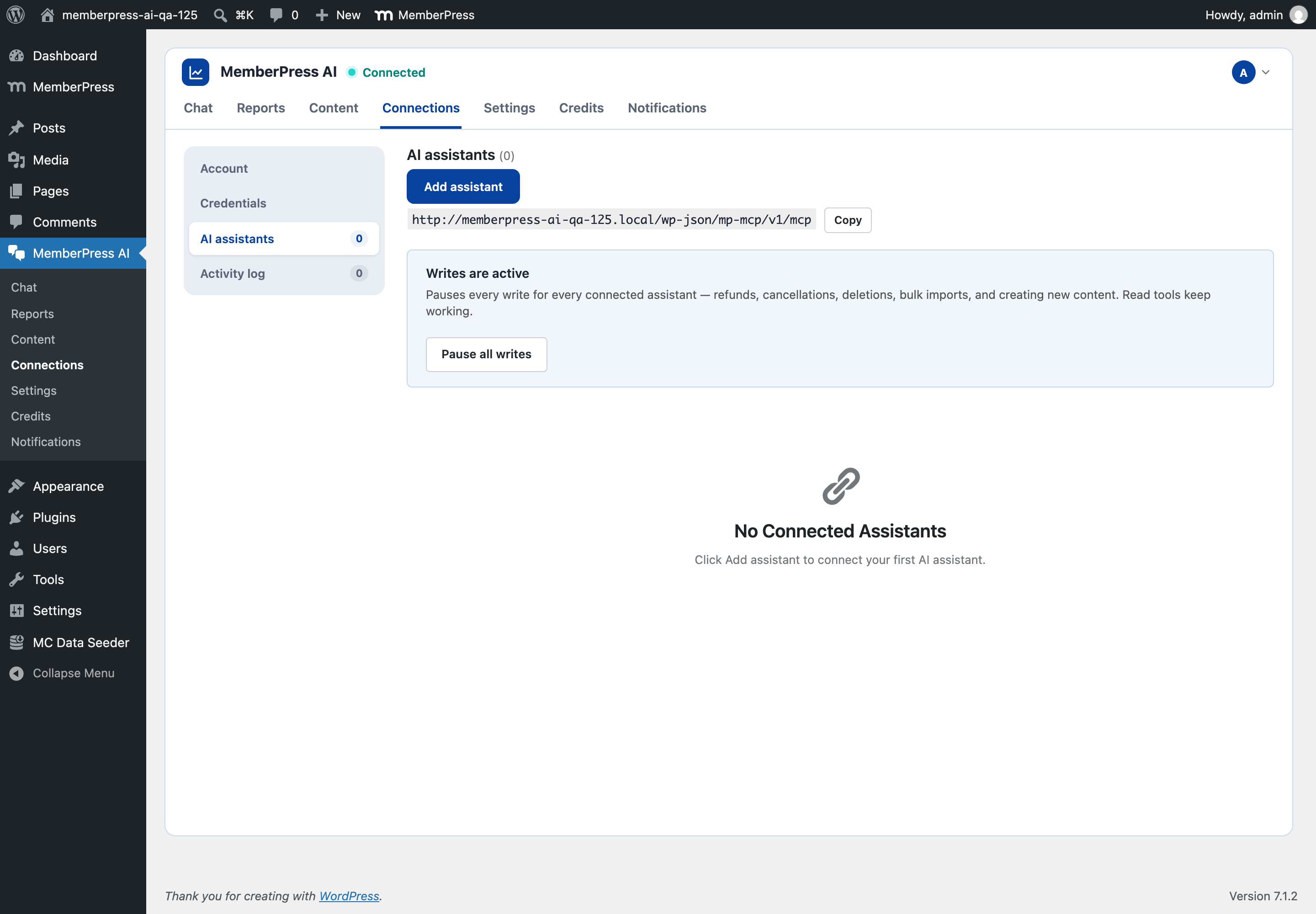 Older build of the Your assistants screen under MemberPress AI, AI agents, with an Add assistant button, the site's MCP server URL with a Copy button, and a Pause all writes control that beta.8 no longer has