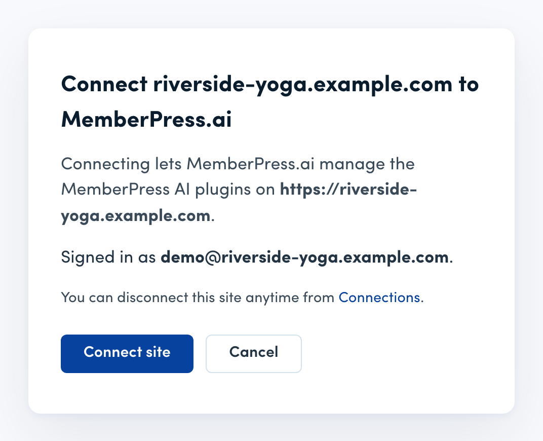 The approval screen, naming the site being connected and the account it is signed in as, with Connect site and Cancel buttons