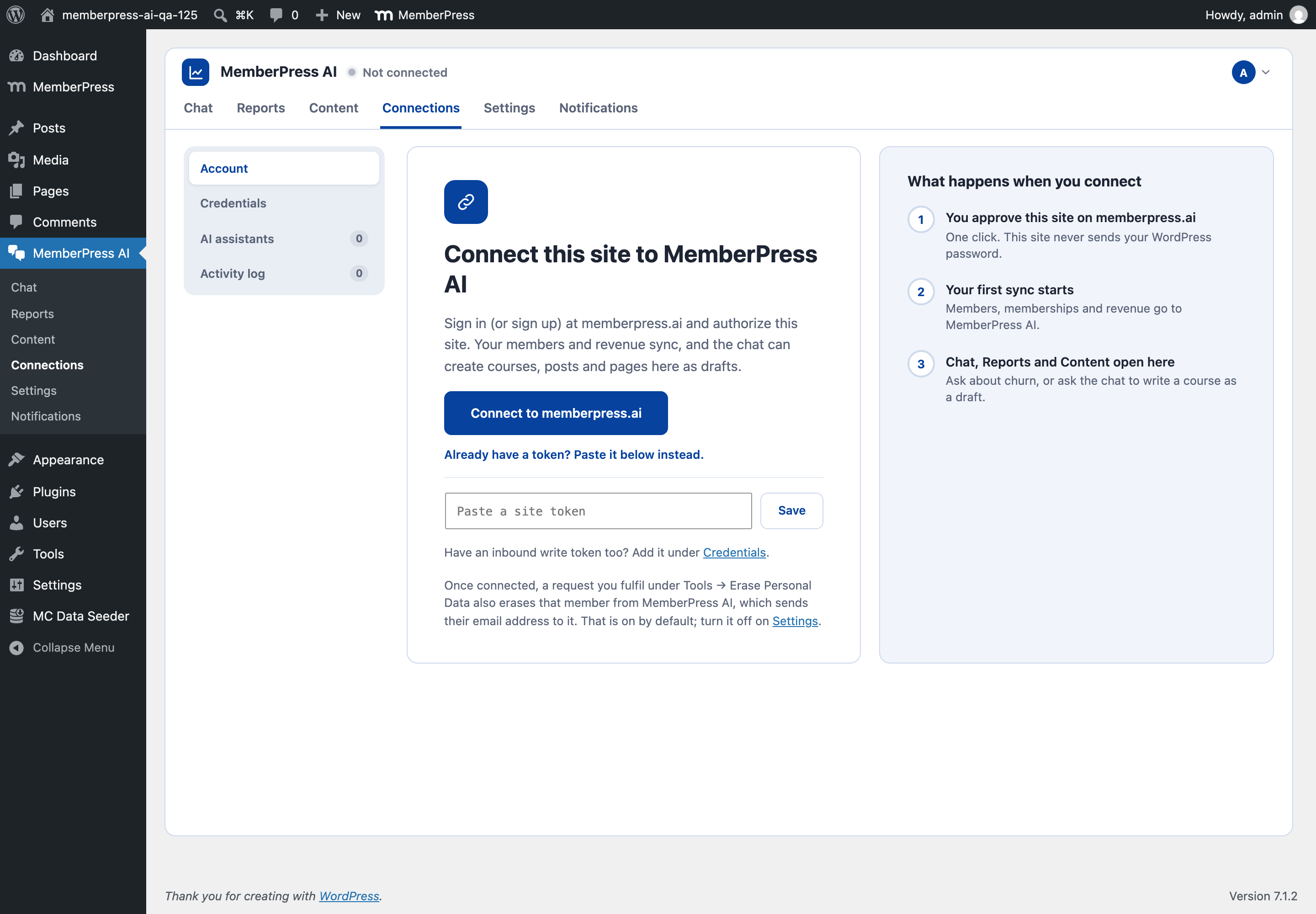 An older plugin build's connection screen, with the Connect to memberpress.ai button and a site token field