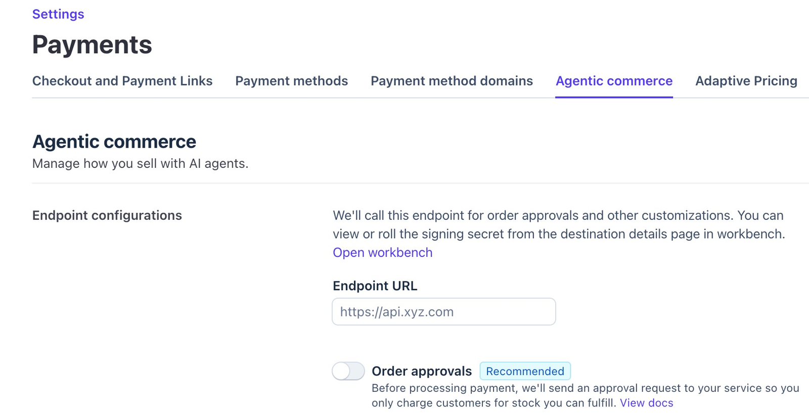 The Agentic commerce tab under Settings, Payments in Stripe, showing Endpoint configurations with an empty Endpoint URL box and Order approvals switched off