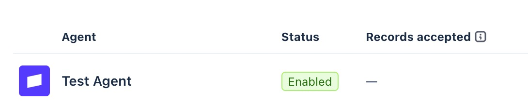 The Test Agent row in Stripe's agent list with its status showing Enabled